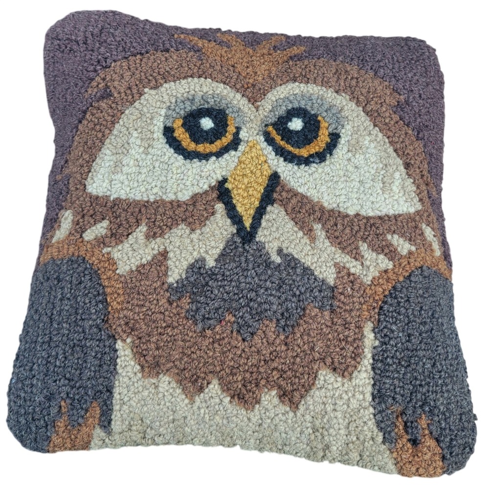 Chandler 4 Corners Hooked Wool Wise Owl Pillow Judith Reilly Vermont Artist New